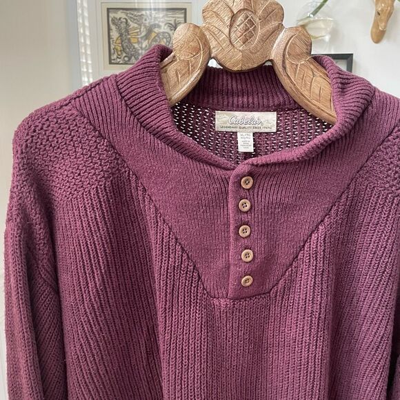 Cabela’s Burgundy Chunky Ribbed Henley Sweater XL - Picture 2 of 9